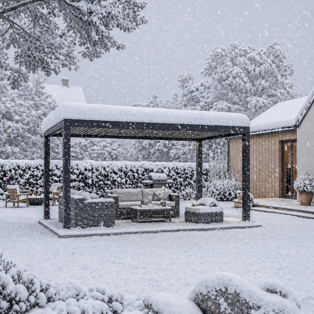 Aluminium Pergola im starken Schneefall zur Erklärung der Schneelast